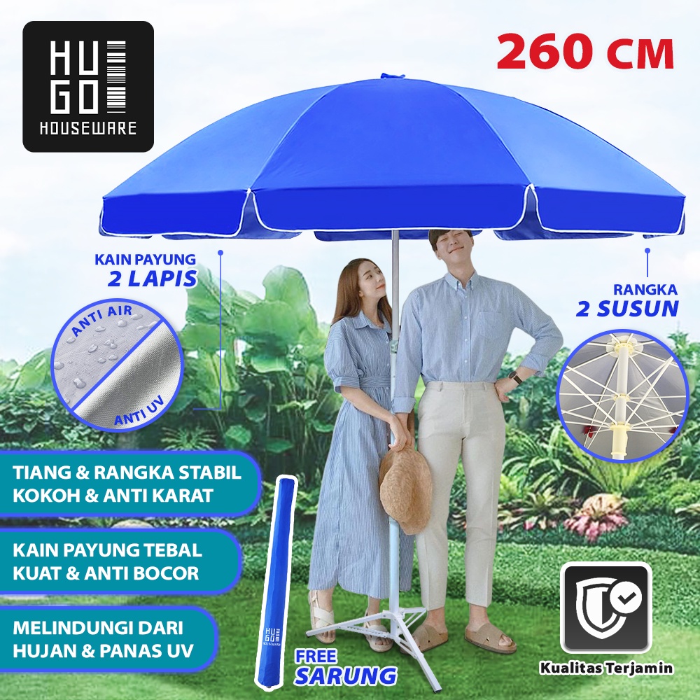 Payung Jualan Tenda 260 cm HUGO Dua Lapis Dobel Jari Jumbo Anti UV Anti Angin