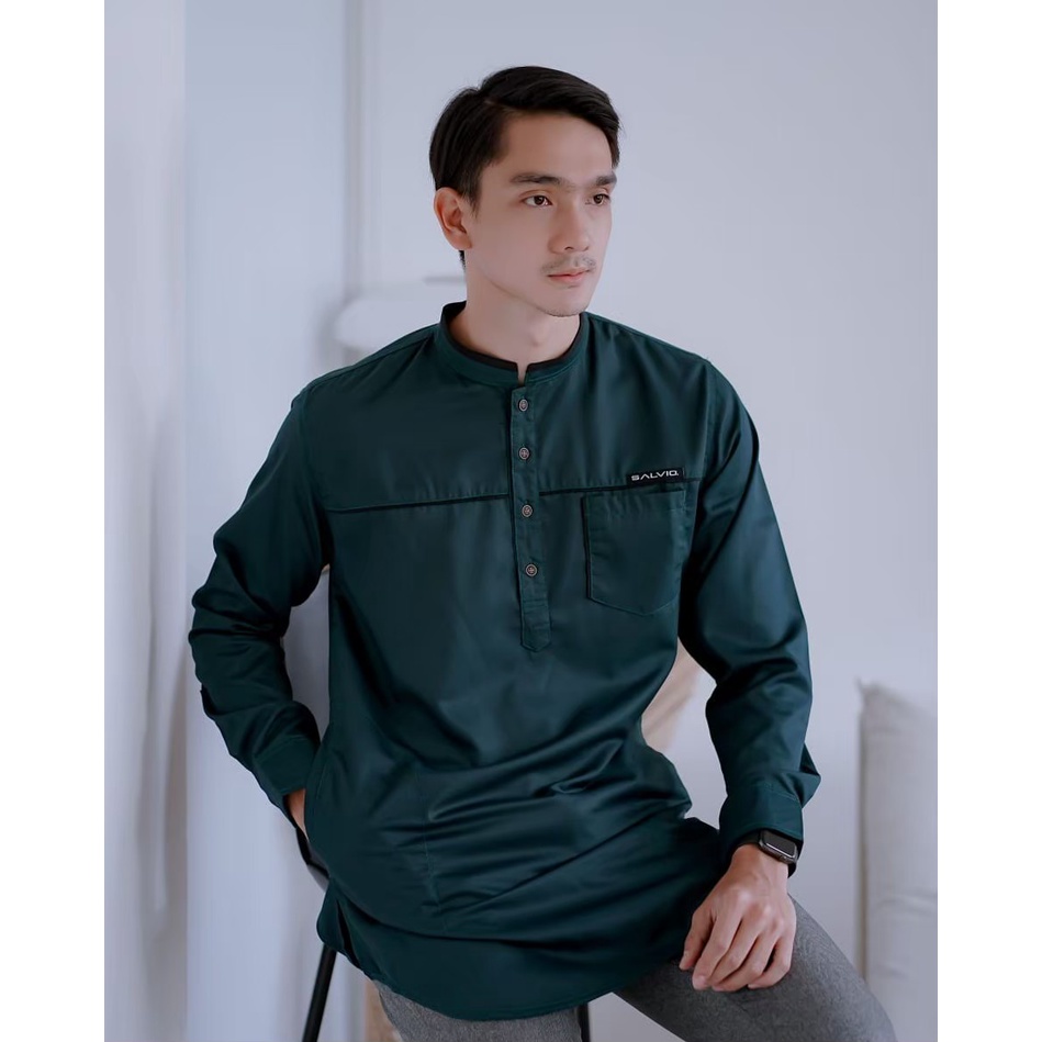 Baju Koko Pria Dewasa Kurta Pakistan Lengan Panjang hijau botol ukuran M L XL