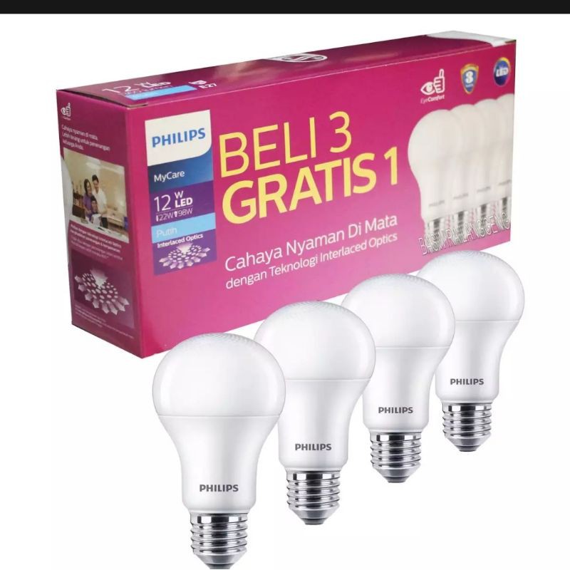 ( PAKET 3 GRATIS 1 ) PHILIPS LAMPU LED MYCARE 8 Watt , 10 Watt , 12 Watt PUTIH Interlaced Optik