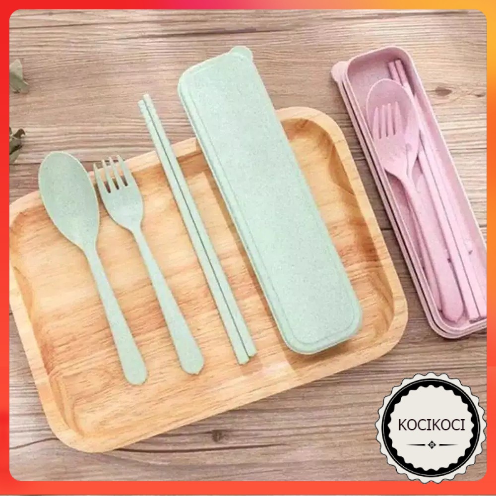 Sendok Garpu Set / 3 In 1 / Jerami / Alat Makan Set / Alat Makan Korea