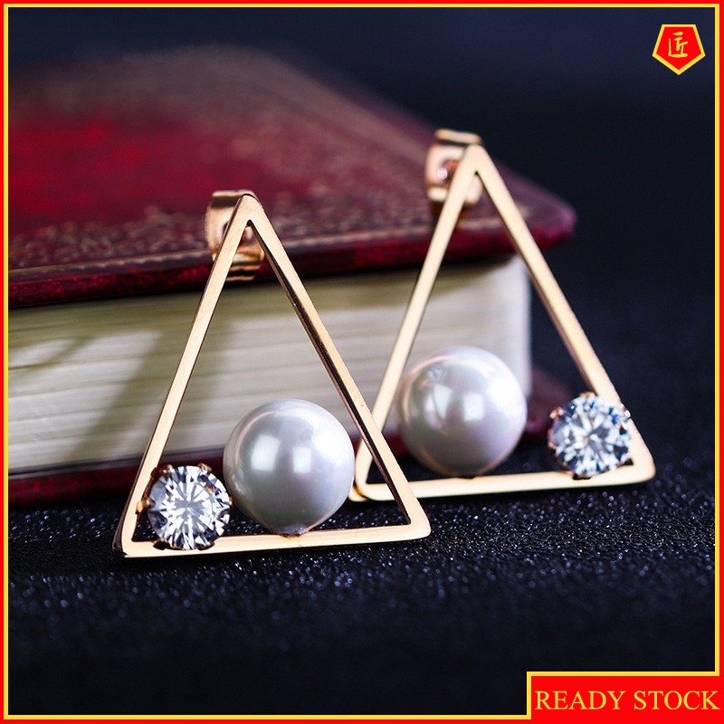 [Ready Stock]Simple Triangle Rhinestone Pearl Ear Studs High Profile Fashion