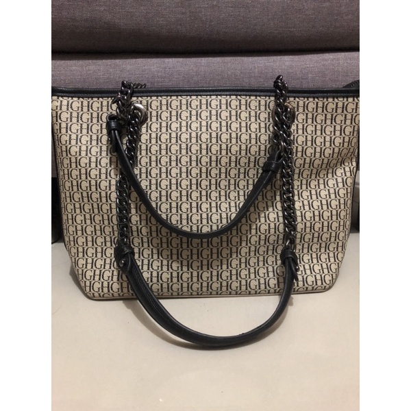 Preloved Dandier Branded Kulit Handle Bag Rantai Hitam Kerja Tas Wanita Cewek Cream Tote COD Casual