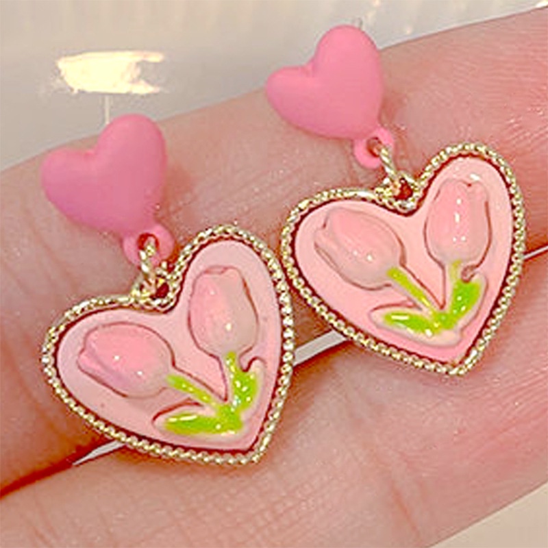 1 Pasang / set Anting Liontin Bentuk Hati Tulip Warna Pink Gaya Korea Untuk Wanita