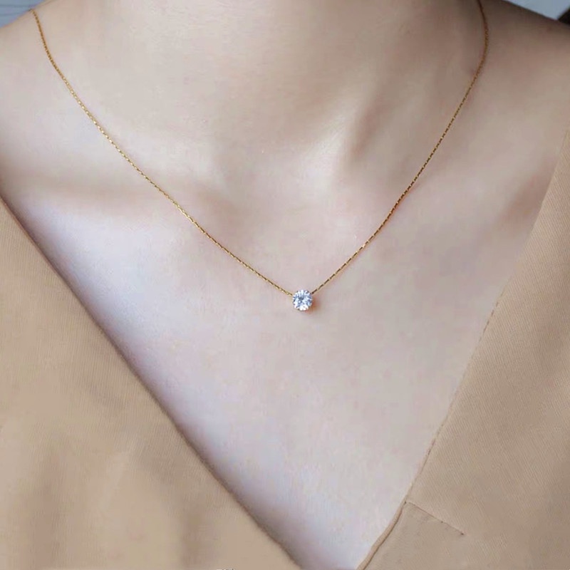 Kalung Titanium Anti Karat Berlian Tunggal Mewah Emas 18k Perhiasan Wanita Korea