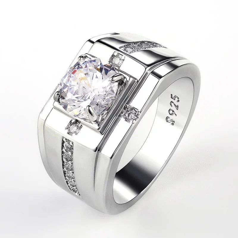 Cincin Pria Perak Berlian Cubic Zirconia Mewah Casual Wedding Ring