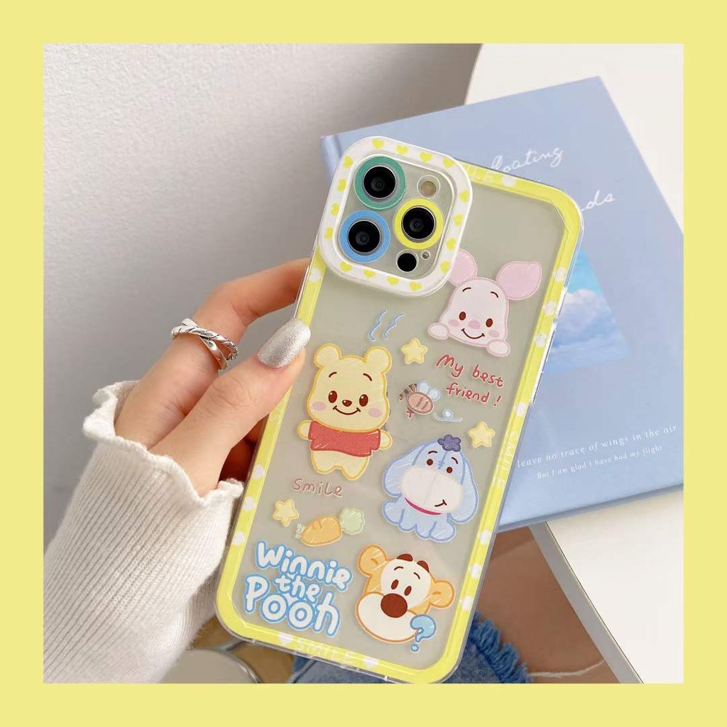 【Ready Stock】Lovely Winnie The Pooh Frame Clear Phone Case for iPhone 14 13 12 Pro Max 11 Pro SE 2020 XR XS MAX iPhone 7 Plus 8 Plus 6S Plus Dual Lens Protector Dual Frame Soft TPU Back Cover