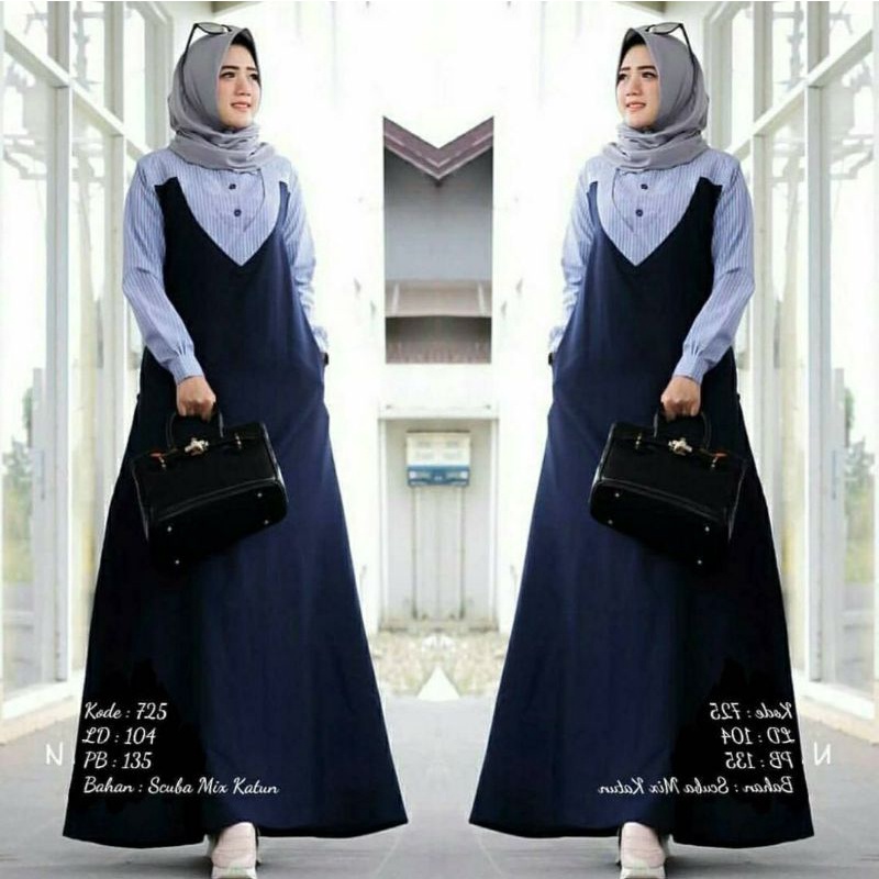 Alisa Maxy, GAMIS WANITA MUSLIM CANTIK FIT XXL LD 102-110 BAHAN SCUBA IMPORT MIX KATUN STRIPE OOTD MODIS TERMURAH TERLARIS