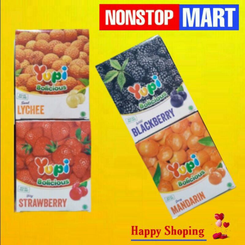 

YUPI Bolicious 1 Box isi 24 pcs rasa Strawberry,Jeruk Mandarin,Lychee,Blacberry