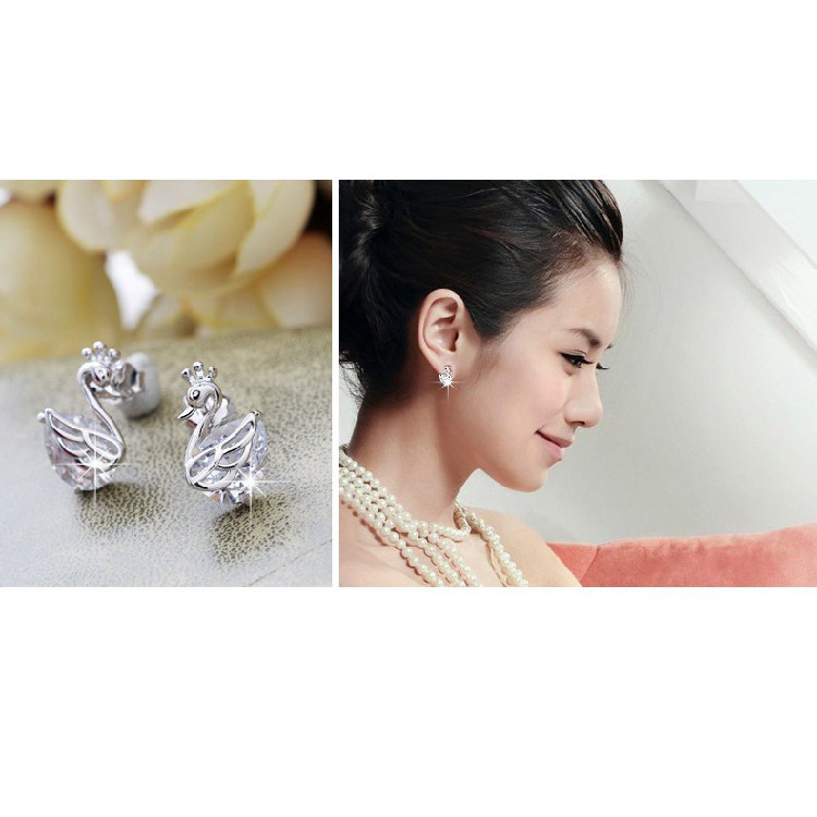 925 Perak Lucu Anting-Anting Anting-Anting Korea A Gadis Crown Swan Sayap Cinta Bunga Fashion Ornamen