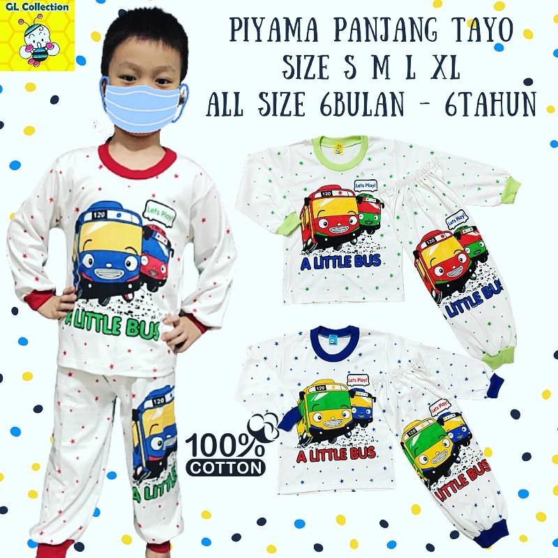 Piyama Panjang Anak Tayo S M L XL 6 Bulan - 6 Tahun 100% Katun SNI