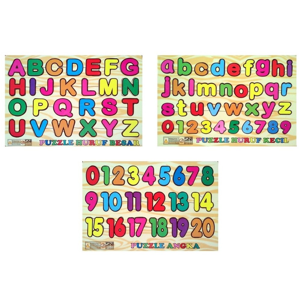 Paket Puzzle Kayu Huruf Besar Kecil Dan Angka - Mainan Anak Edukatif Puzzle Warna Mengenal Angka Num