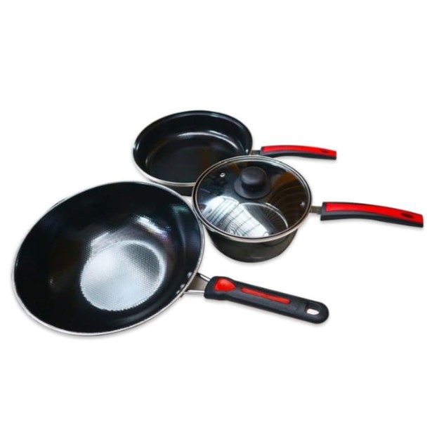 Panci Set Enamel GSF G-2630 Frypan Tutup kaca Wajan Wok Dan Saucepan