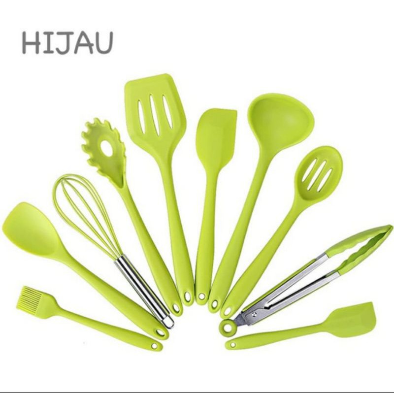 1Set 10pcs alat masak silicone tahan panas 10 pcs / spatula sodet Sutil capitan kocokan telur silikon isi 10 pcs komplit / utensil silikon 10pcs komplit