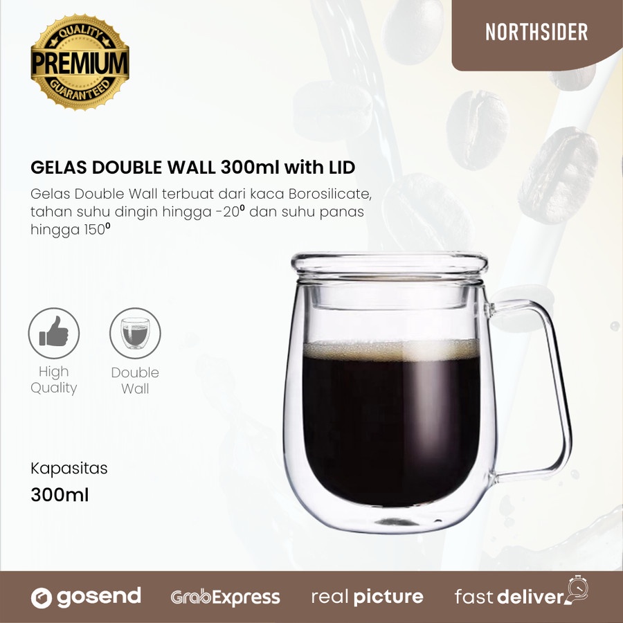 GELAS DOUBLE WALL KOPI TEH 300ML + TUTUP KACA | ANTI PANAS