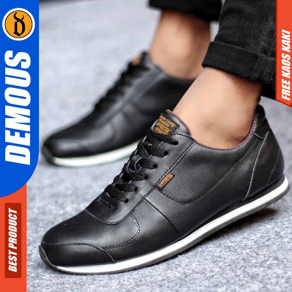 Sepatu Sneakers Pria Casual Kulit Asli Hitam Coklat Tan Demous Morley