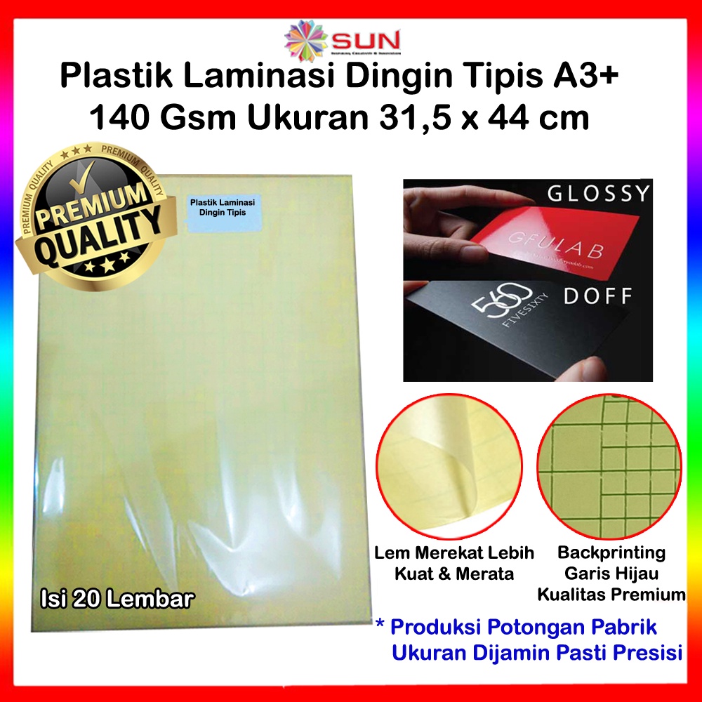 

Plastik Laminasi Dingin Tipis A3 isi 20 lembar - Motif Glossy, Doff ( Sticker Bening Transparant Pelapis Kertas Foto Glossy Photo Paper )