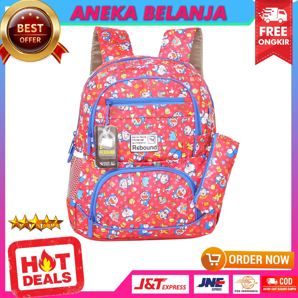 Tas Ransel Sekolah Anak Cewek Rebound Motif Doraemon Warna Merah Lucu Imut Harga Ekonomis Free Raincover