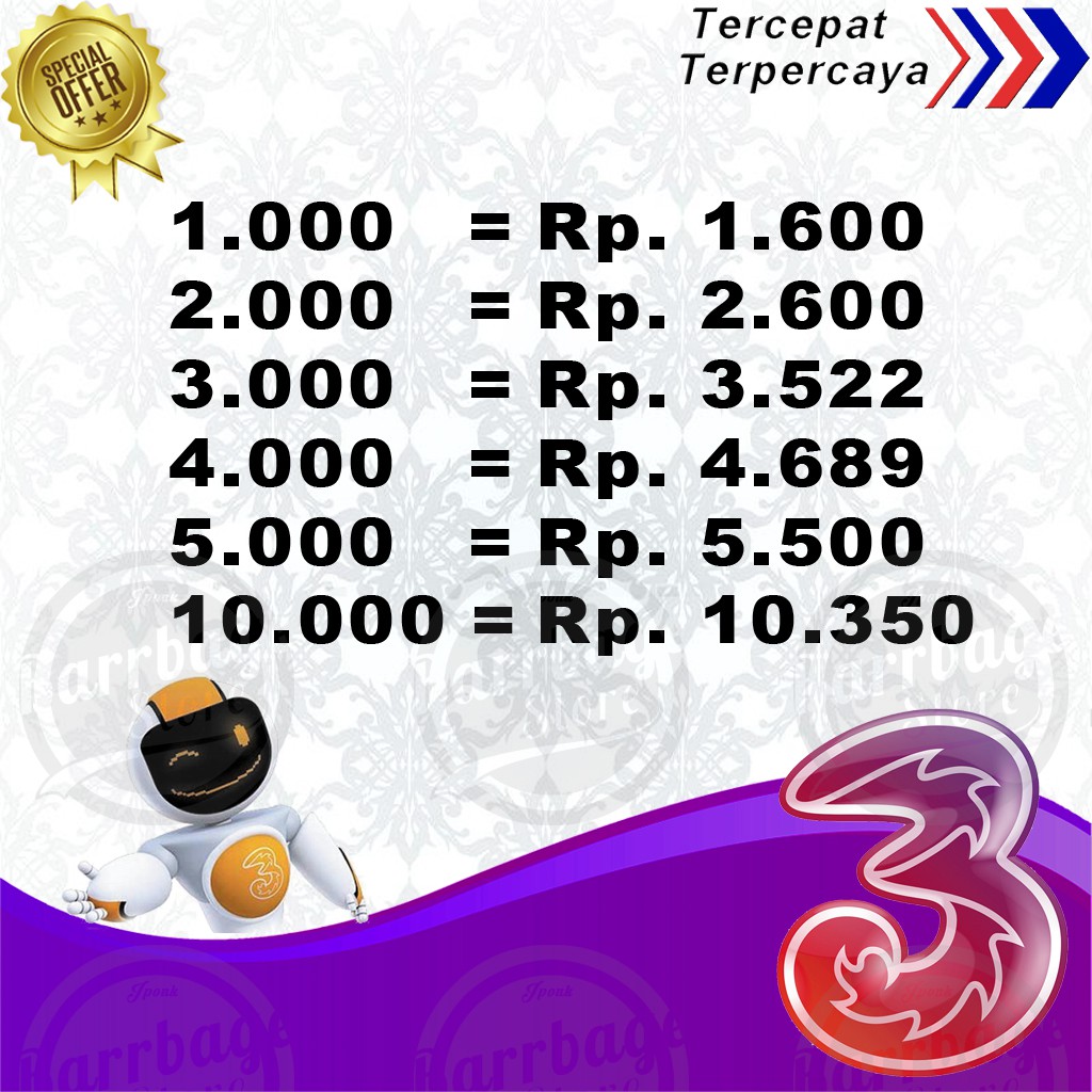 Pulsa 3 TRI Murah (  Menambah Masa Aktif ) 1k 2k 3k 4k 5k 10k
