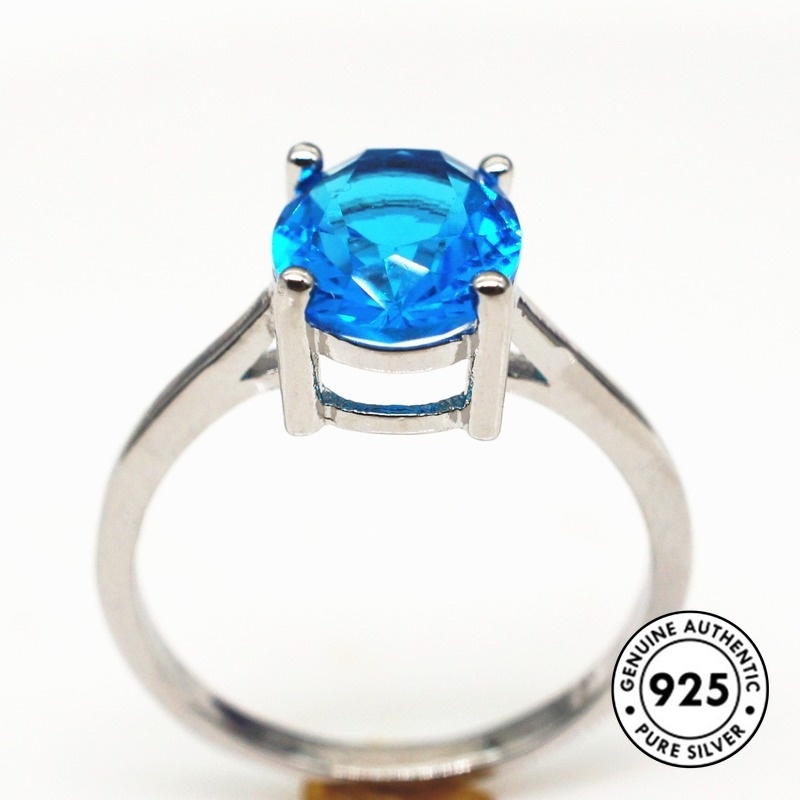 Cincin Sterling Silver 925 Klasik Dengan Kristal Warna Biru Untuk Wanita