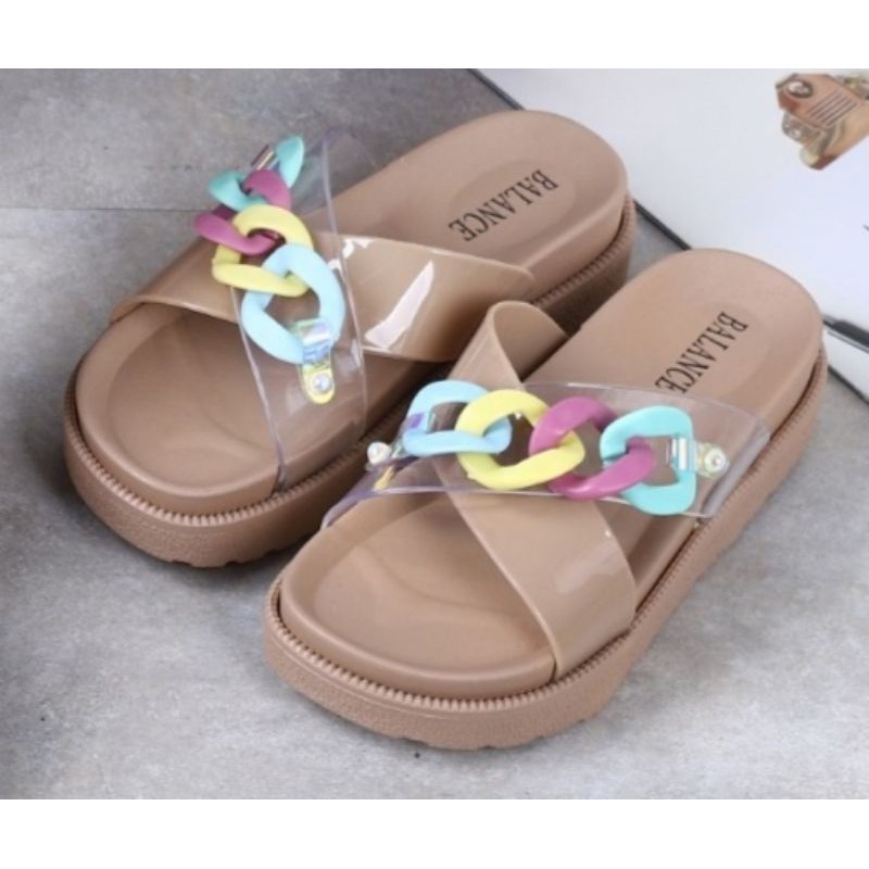 sandal wanita karet jely Balance Sandal selop silang motif rantai warna warni