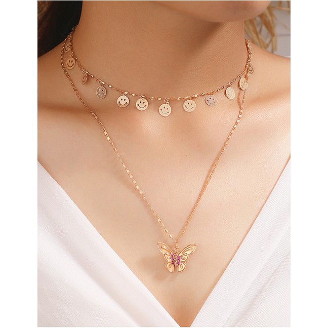 LRC Kalung Wanita Fashion Rose Gold Circle Butterfly Smiley Alloy Multilayer Necklace P06580
