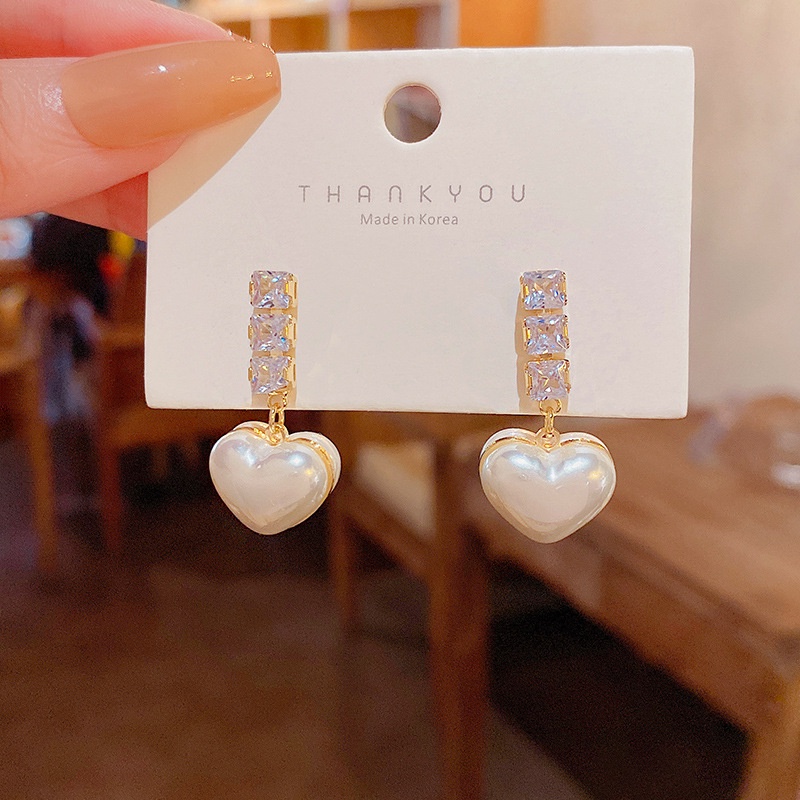 Anting Tusuk Sterling Silver 925 Desain Hati Hias Zircon + Mutiara Gaya Mewah Untuk Wanita