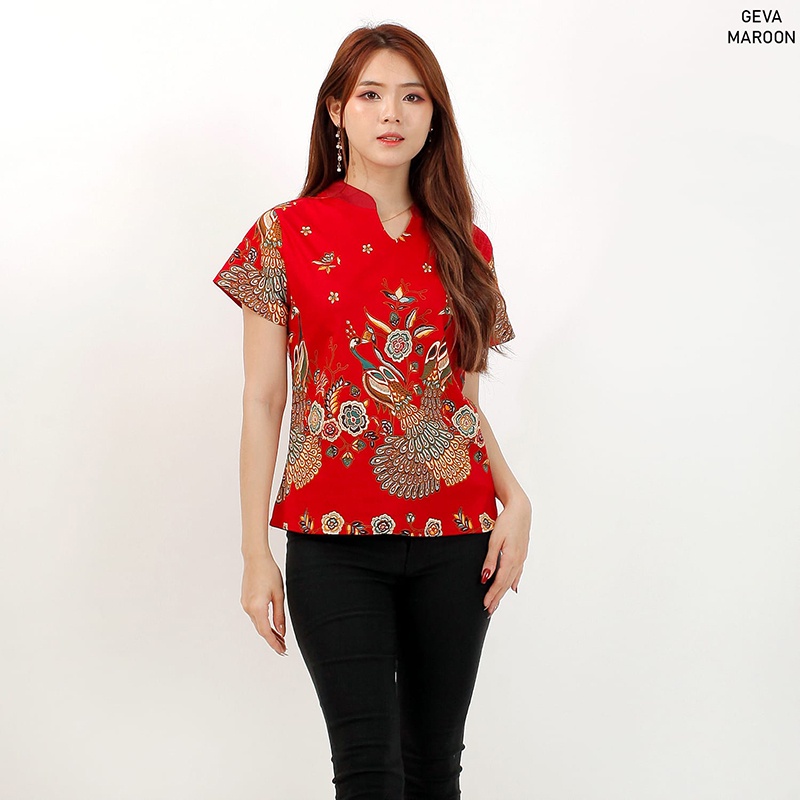 Evercloth Geva Atasan Batik Wanita Blouse Batik Perempuan Model Cheongsam