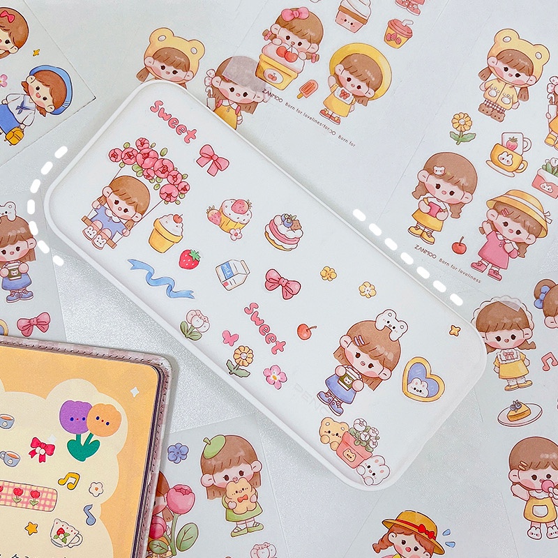 14 Lembar Stiker Motif Kartun Perempuan Lucu Untuk Dekorasi Diary DIY