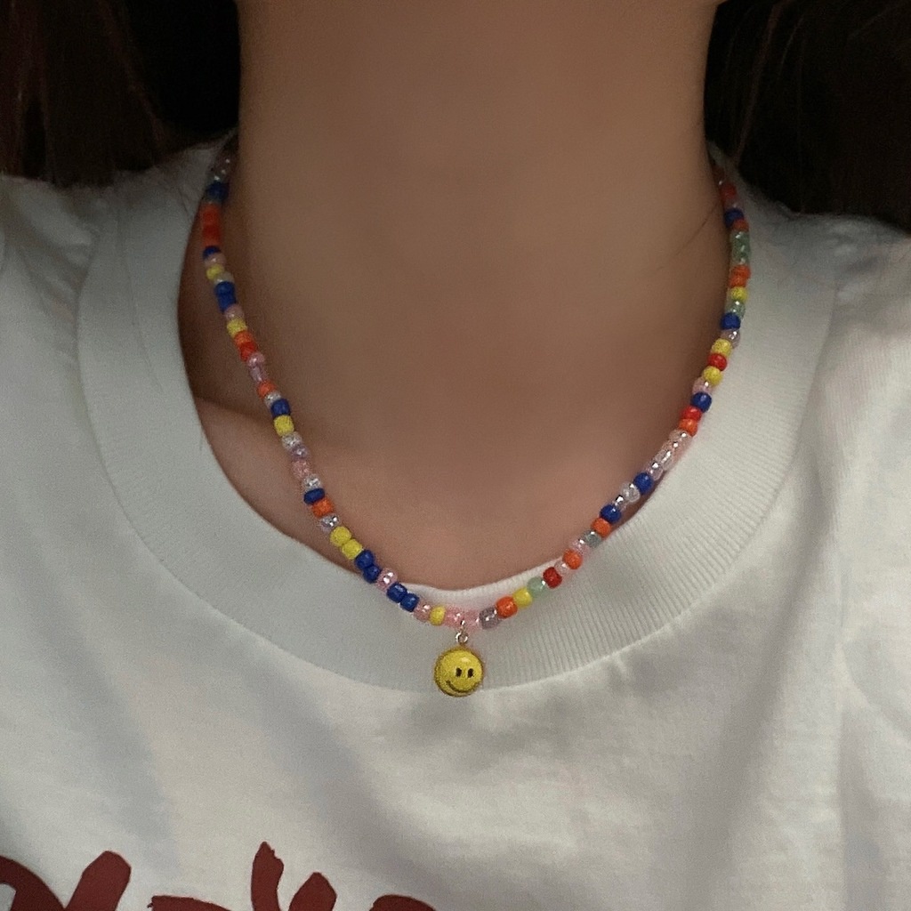 Kalung Rantai Klavikula Hias Manik-Manik Smiley Warna-Warni Untuk Aksesoris