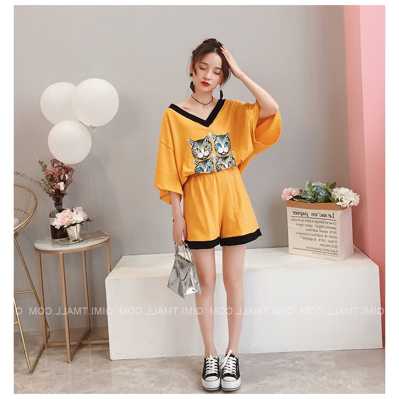 KSE-09 set atasan bawahan wanita import korea jepang big size oversized kucing