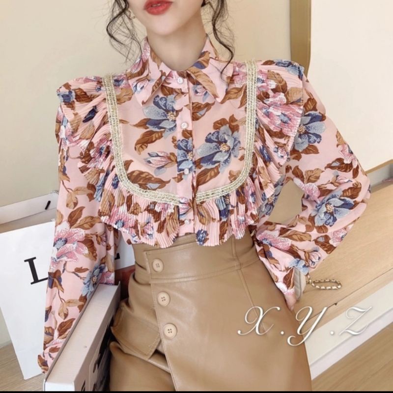 5192 Baju atasan blouse lengan balon panjang Puff Sleeve ruffle Korean style motif bunga  wanita imp