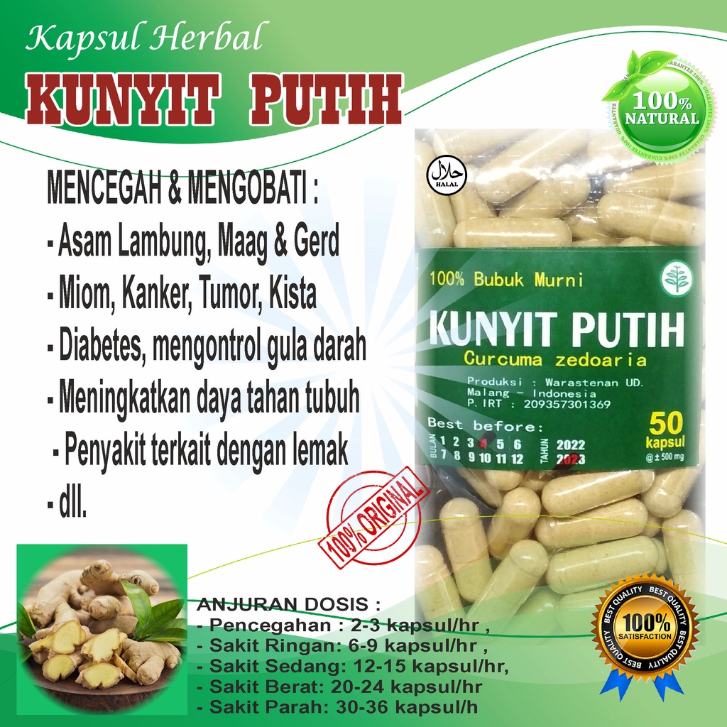 KUNYIT PUTIH 50 KAPSUL / ASAM LAMBUNG MAAG GERD DIABETS KANKER KISTA MIOM dll