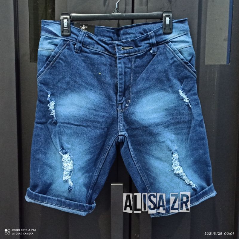 Bayar ditempat/COD Celana pendek jeans Stretch motif sobek robek melar Blue