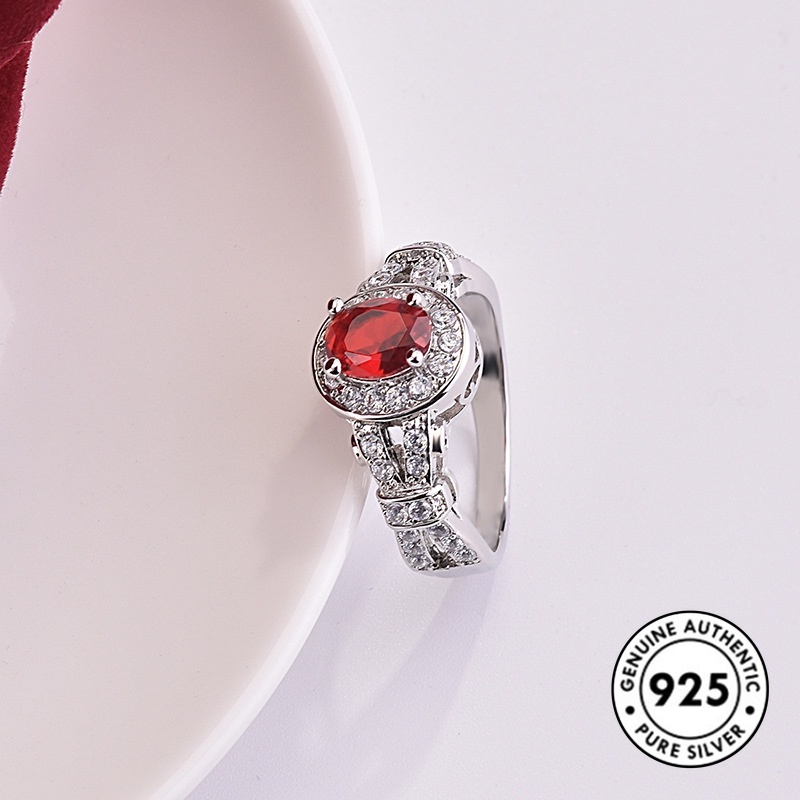 Cincin Sterling Silver 925 Dengan Ruby + Berlian Imitasi Untuk Wanita