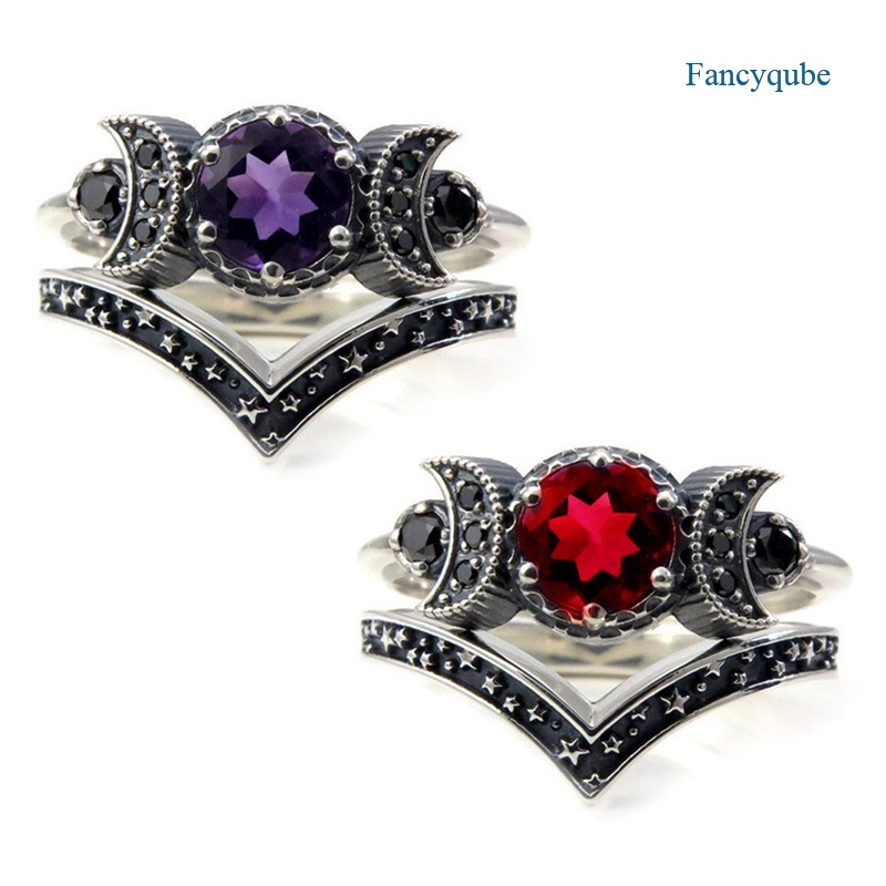 Cincin Wanita Desain Bulan Sabit Hias Batu Kecubung Merah + Zirconia Untuk Pertunangan / Pernikahan / Hadiah