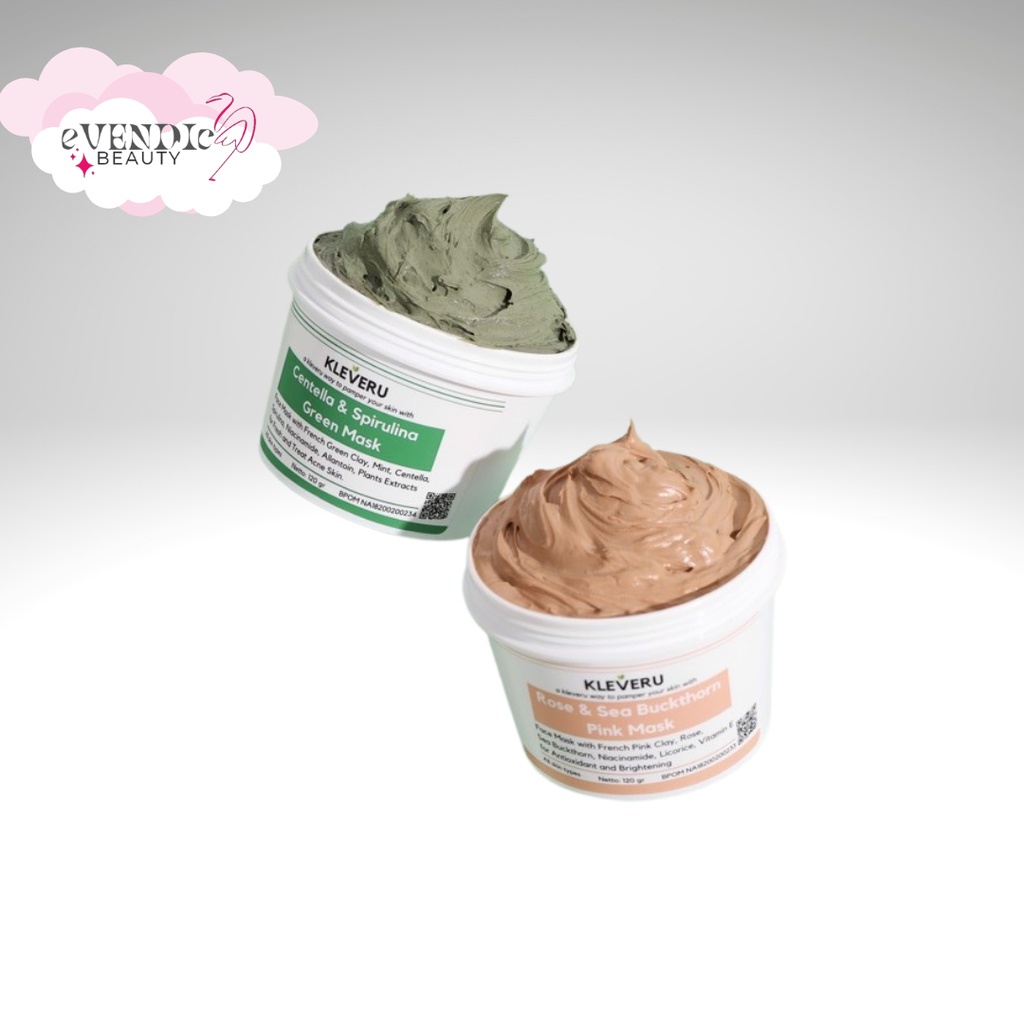 MASKERWAJAH /KLEVERU Centella and Spirulina Green Mask &amp; Rose and Sea Buckthorn Pink Mask