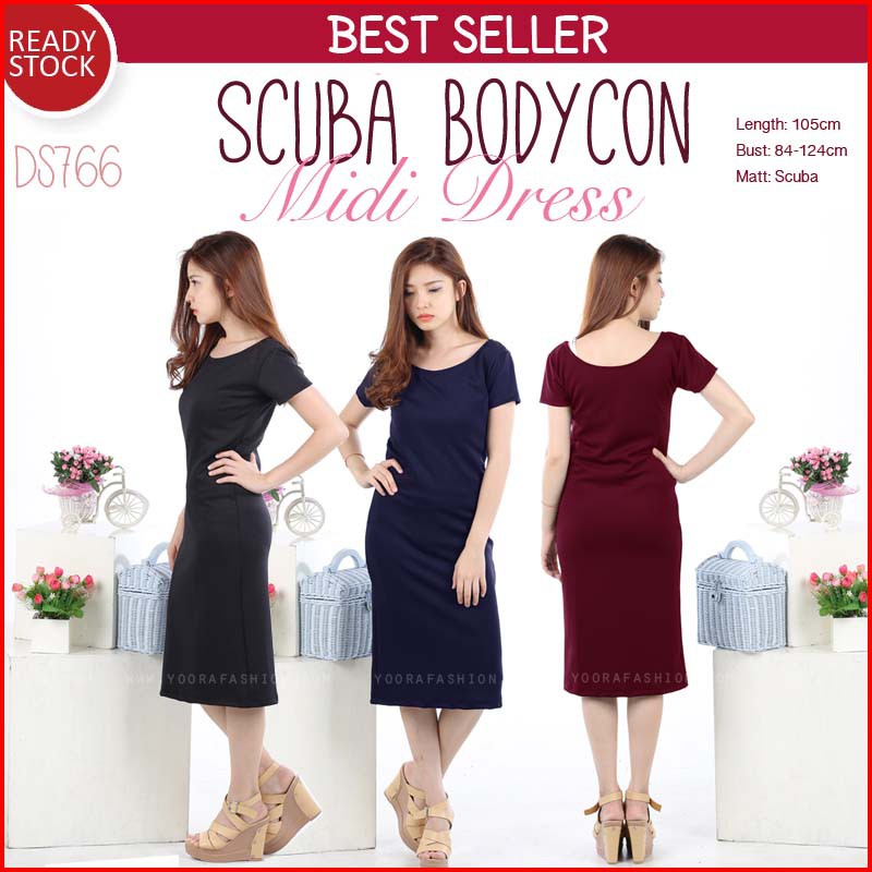 Scuba Bodycon Midi Dress Plain Dress Gaun Wanita DS766 !!!