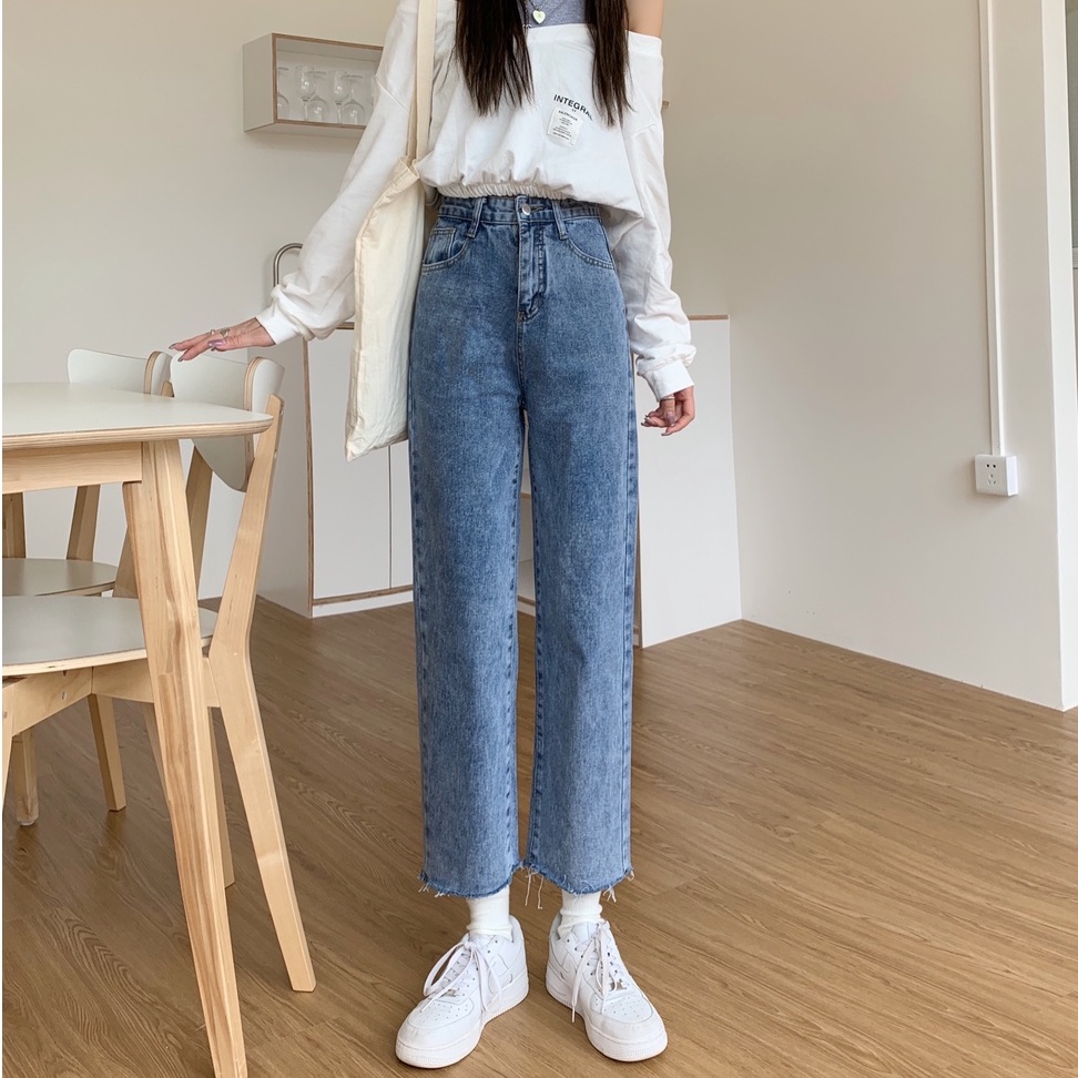 Import Premium Bergaya Highwaist Loose Straight Rawis Celana Jeans Panjang Wanita