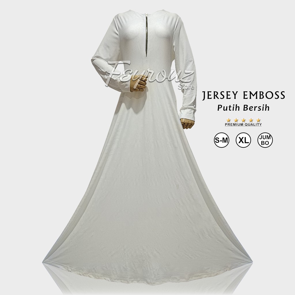 Gamis Dress Jersey Motif Emboss Relief Putih Bersih Size M XL Jumbo