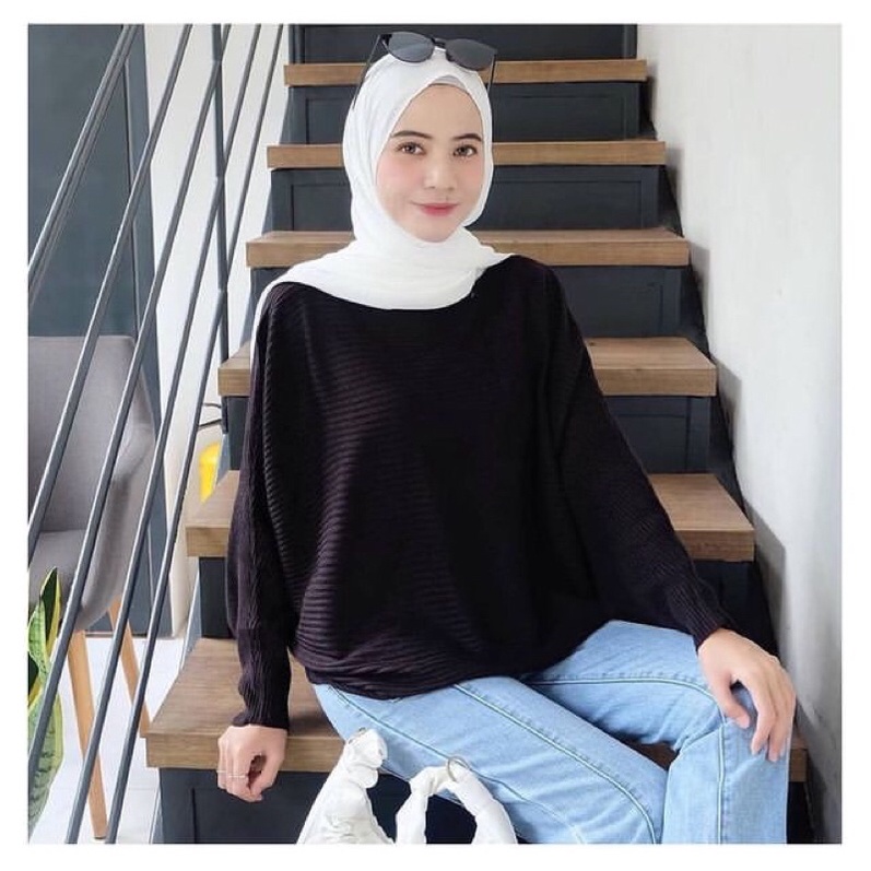 Atasan Blouse Wanita Premium / Lasperal Batwing Rajut Premium / Baju Rajut Wanita / Baju Rajut Batwing / Batwing Rajut Premium / Rajut Kalongo-Hitam