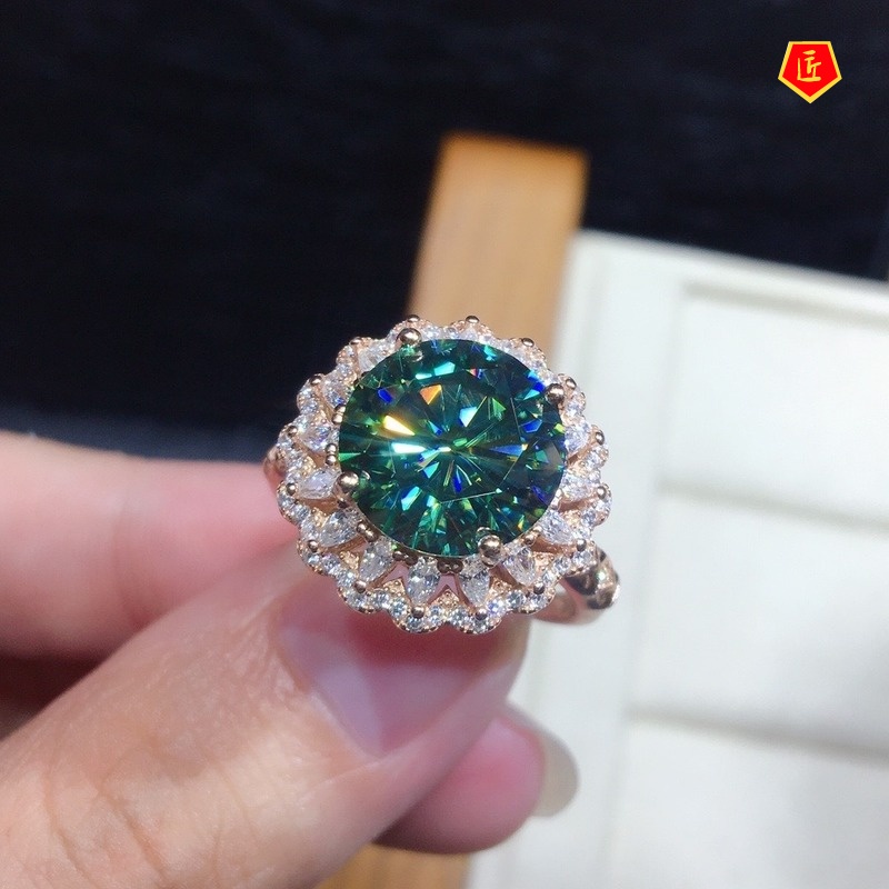 [Ready Stock]Inlaid Green Moissanite Ring Shiny Luxury