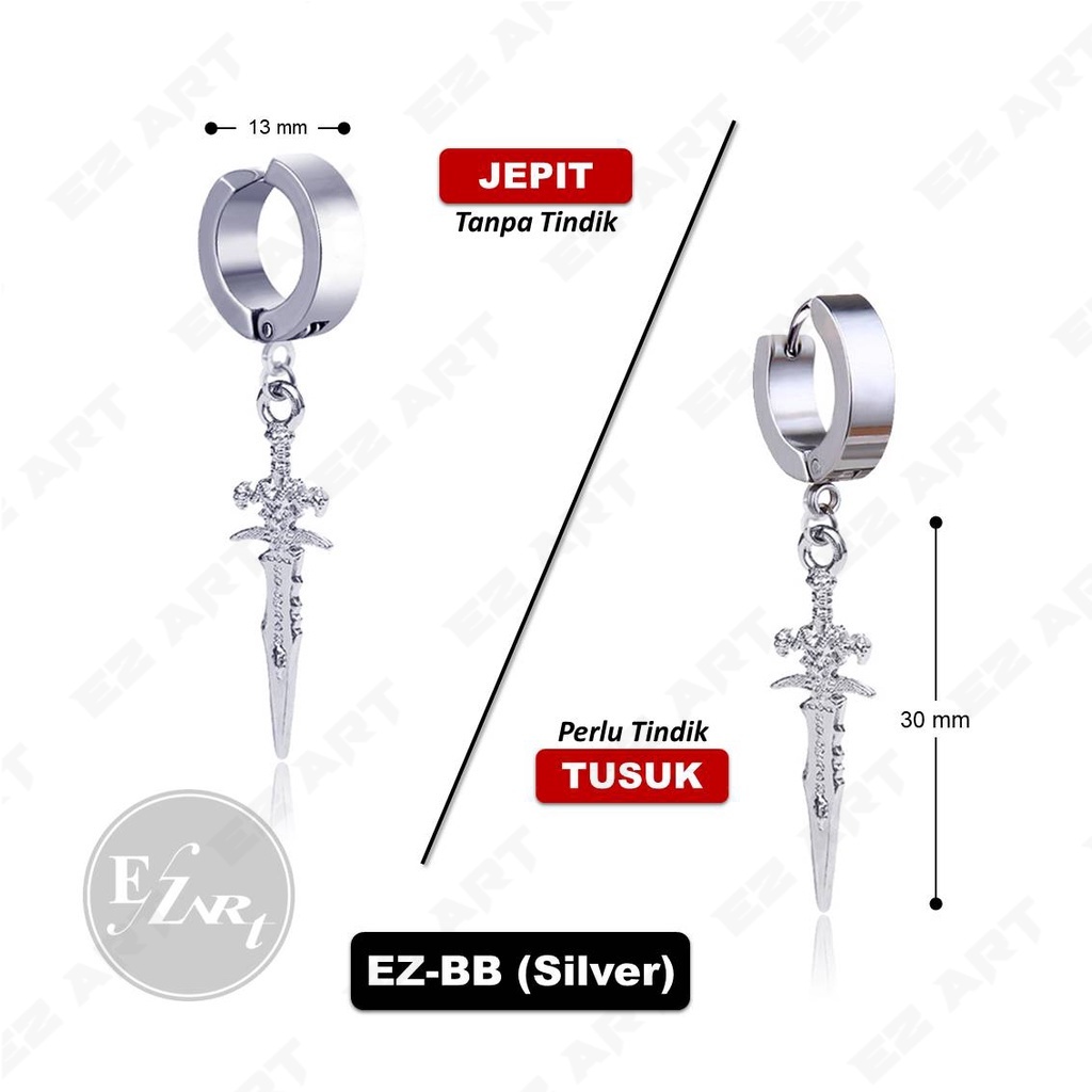 1Pc Model EZ-BB Anting Gantungan PEDANG SWORD Warna Hitam Silver Pria dan Wanita Jepit Tusuk KPOP BTS PUNK