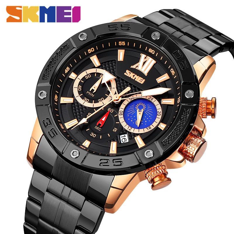 SKMEI 9235 Jam Tangan Pria Analog Chronograph Casual Quartz Tali Stainless WATCHKITE WKOS