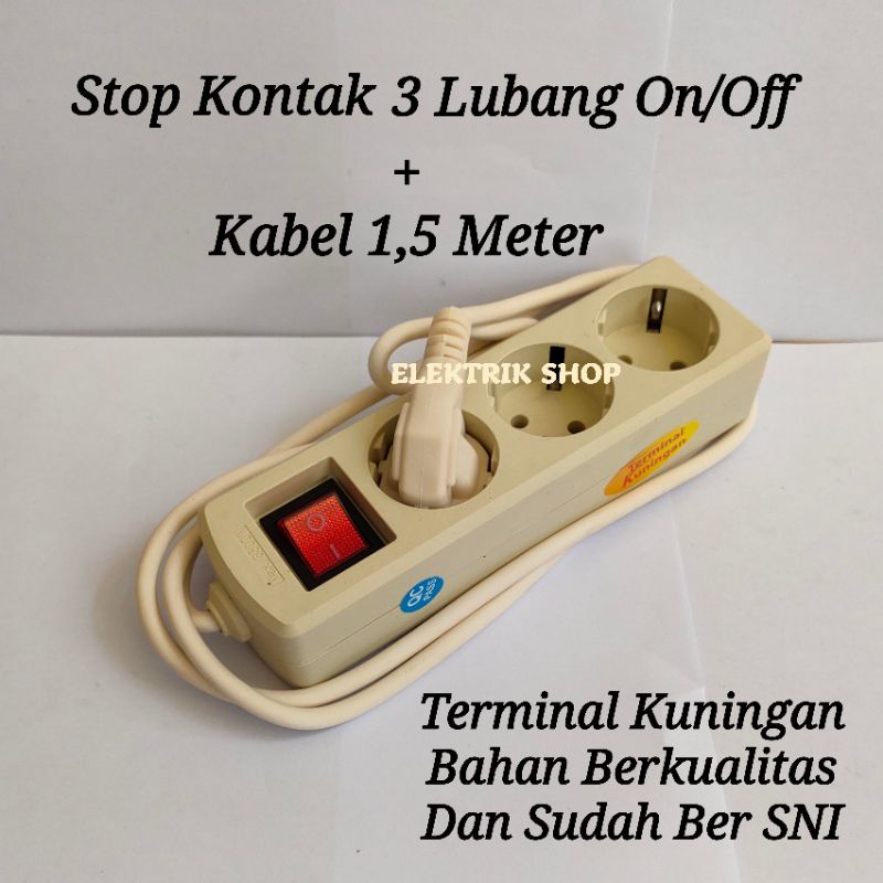 STOP KONTAK 3 LUBANG ROLL KABEL 1,5METER TERMINAL KUNINGAN SNI