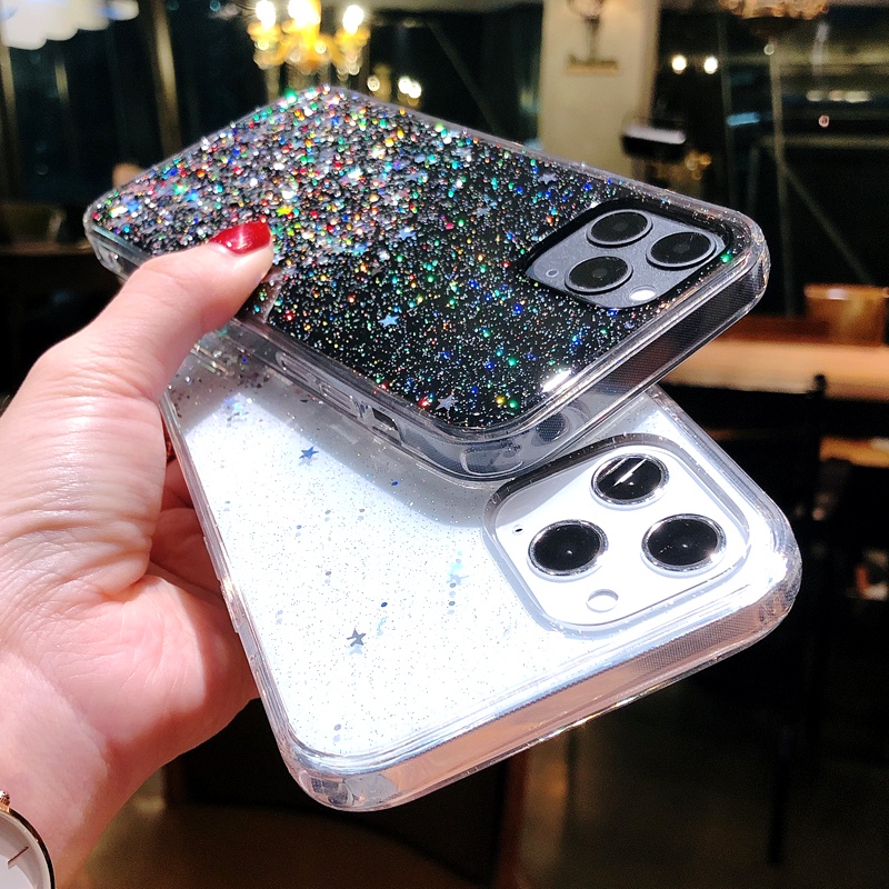 Soft Case Transparan Motif Glitter Untuk iPhone 11 12 13 14 Pro Max XR XS 7 8 Plus