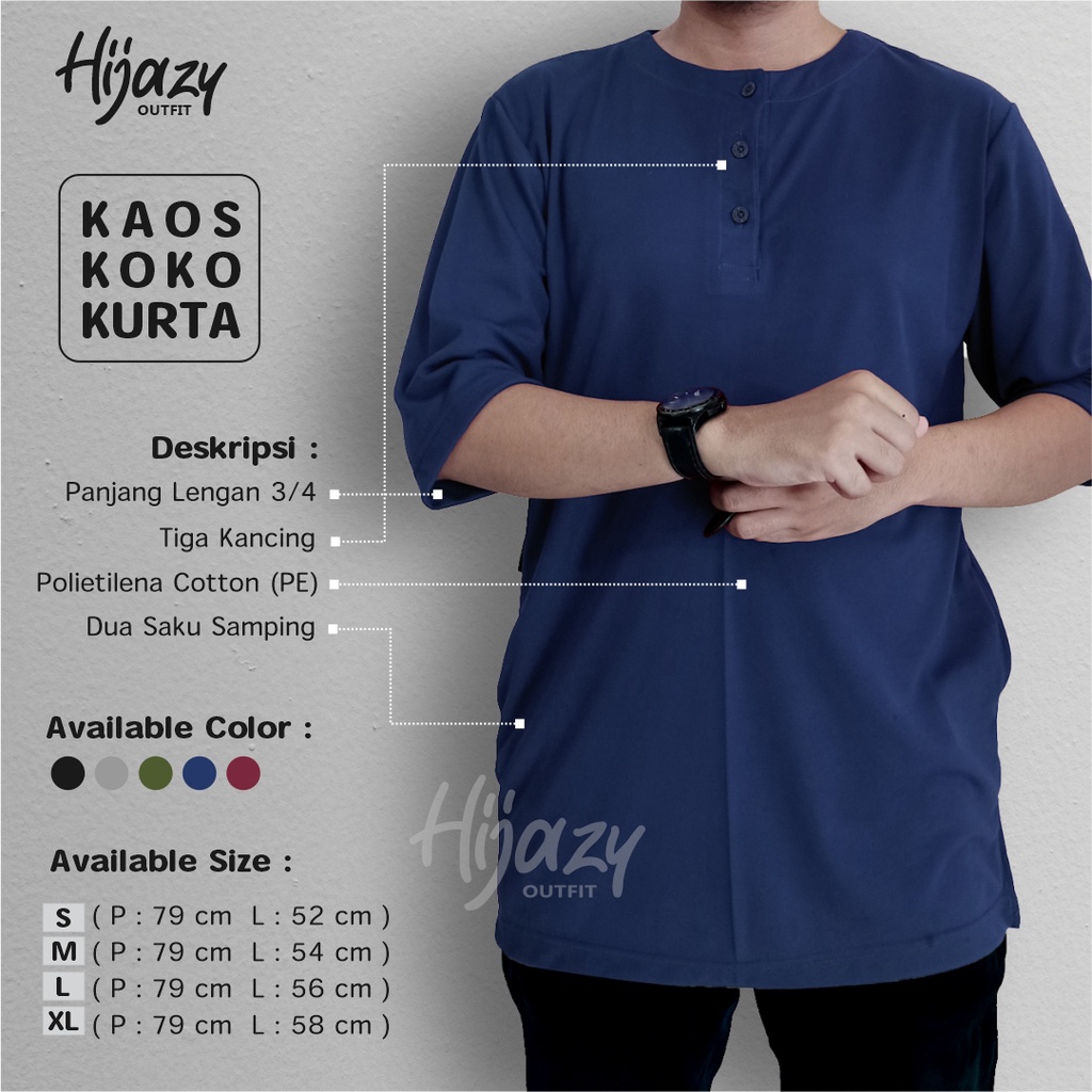 Kaos Koko Kurta Pakistan Polos / Koko Dewasa Bahan Kaos Tebal Lengan Panjang 3/4 / Baju Muslim Pria 