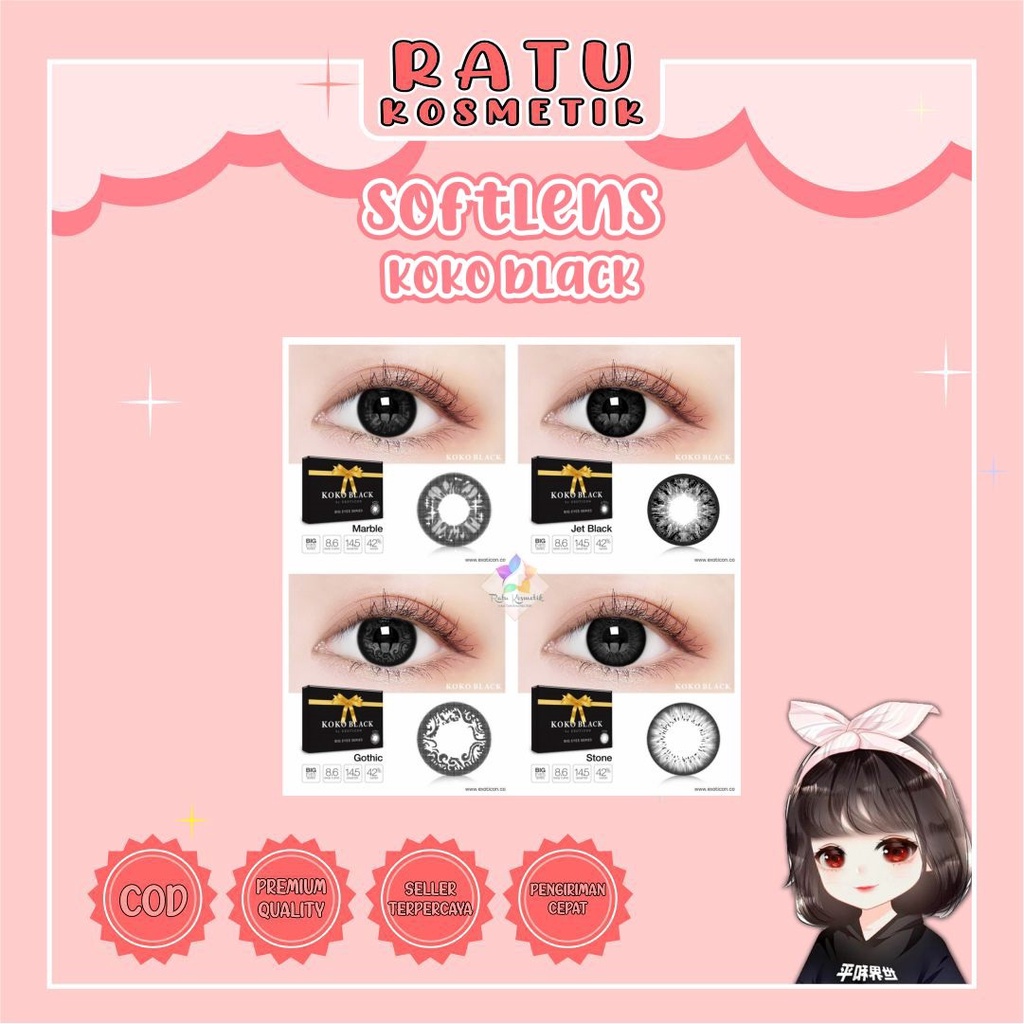 ❤ RATU ❤ Softlens X2 Koko Black Normal  | Soflens Koko Black Big Eyes Dia 14.5mm