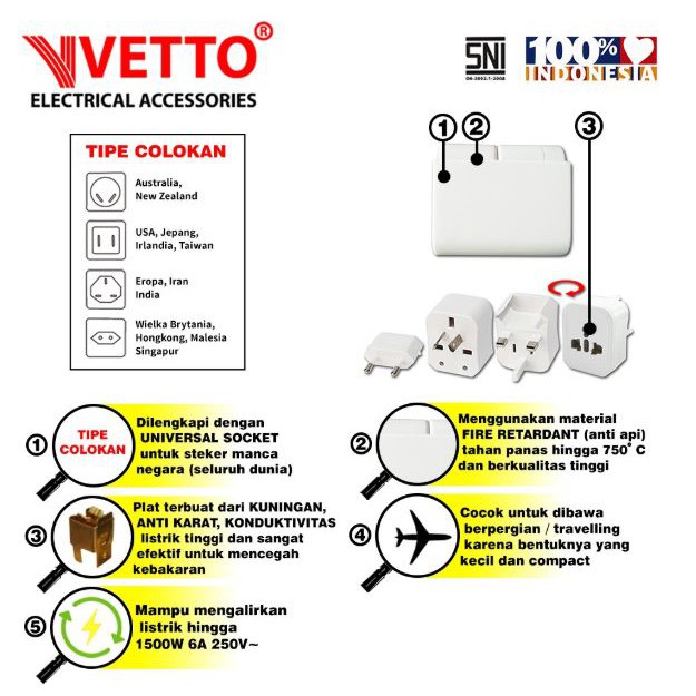 VETTO V8993 Universal Travel Adaptor Putih Terbaru