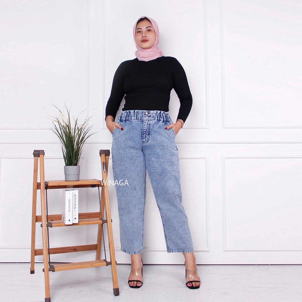 WINAGA- HighWaist Boyfriend Jeans Jumbo Pinggang Karet Kancing 2