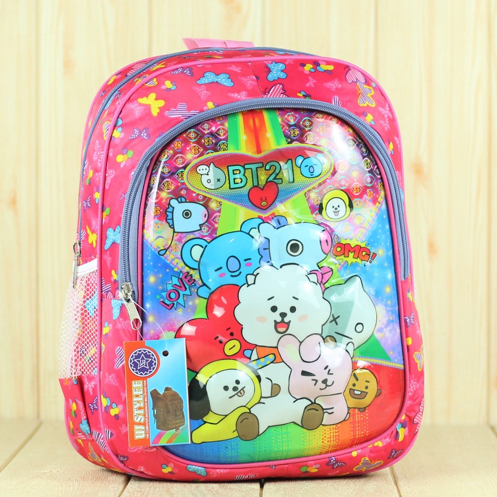 Tas Sekolah Anak Perempuan TK Lampu BT-21 Pink Paud  Gambar Kartun Karakter Terbaru Lucu Premium SD SMP Mini Murah BT21 Motif Karakter Berkualitas